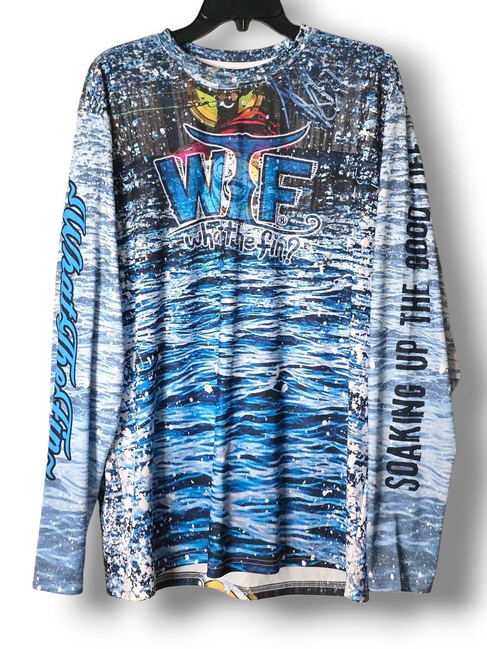 What the Fin Long Sleeve Performance Fishing Shirt Blue Water Pattern - Size XL